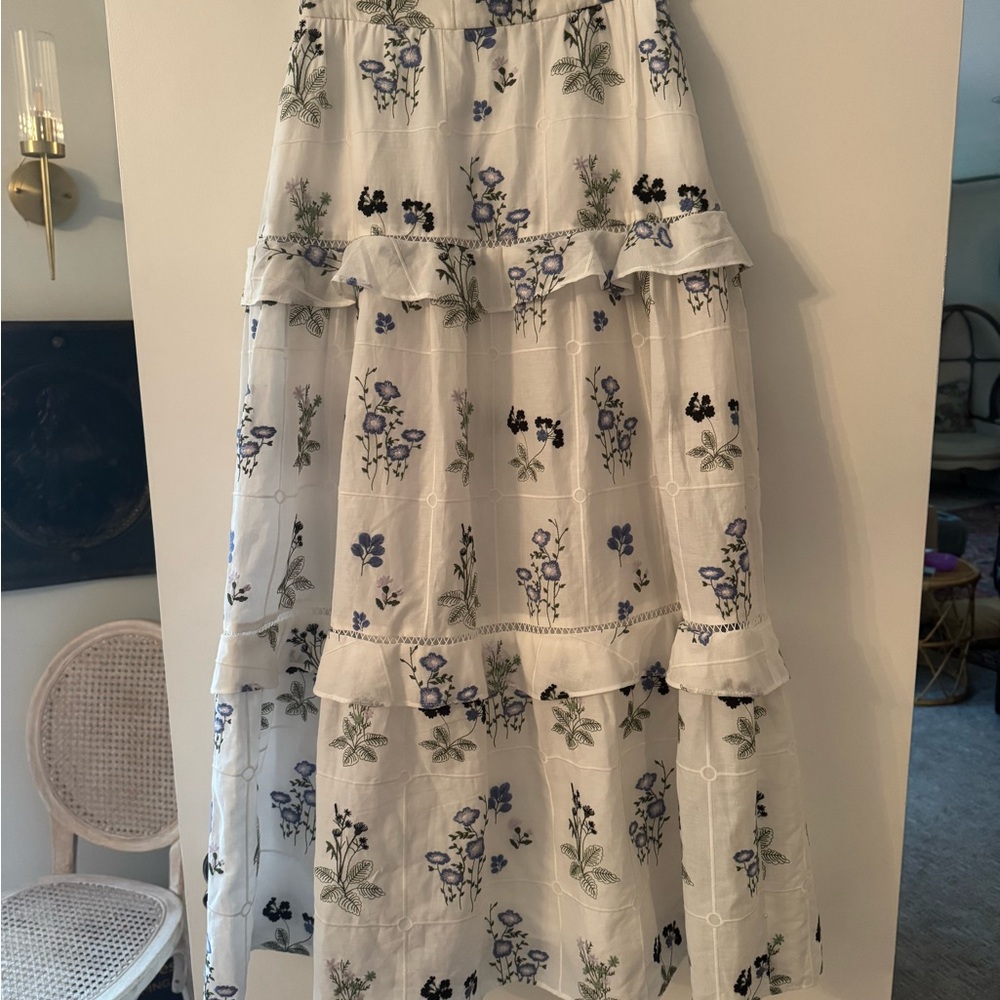 Pearl White Maxi Skirt with Blue Floral Design